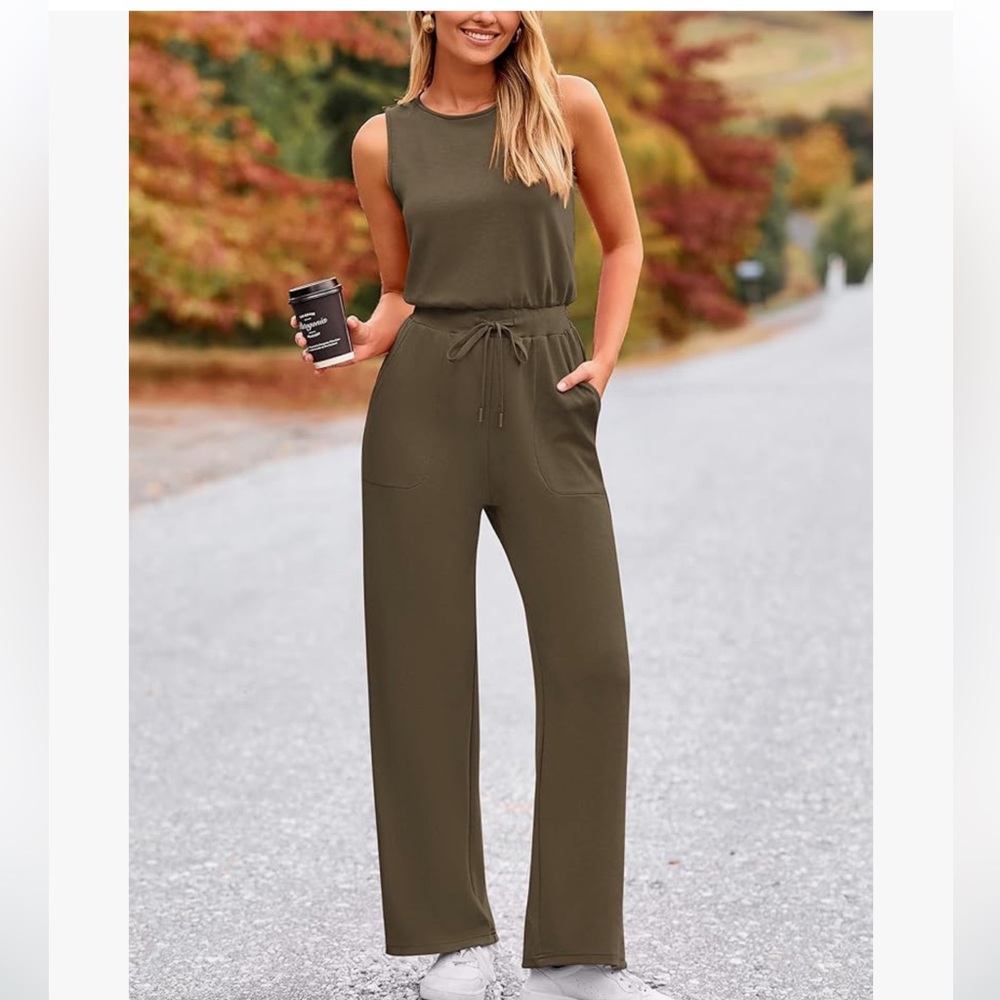 Women’s Olive Green Sleeveless Drawstring Jumpsuit
